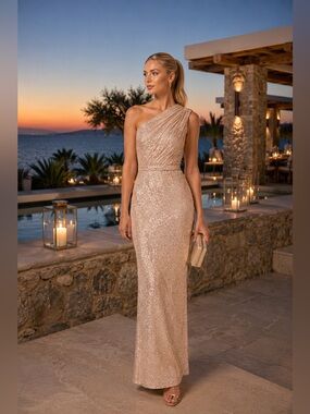 Ieena for Mac Duggal SEQUINED RUCHED ONE SHOULDER GOWN NWT